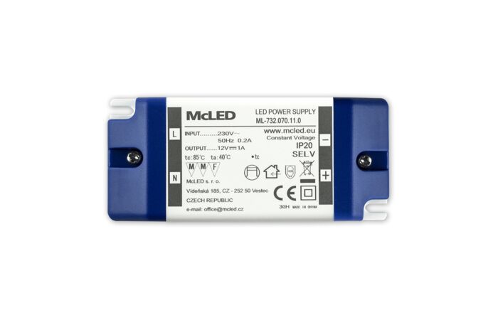 MCLED Napaječ LED 12V/1A ML-732.070.11.0 IP20, plastové provedení se svorkovnicí
