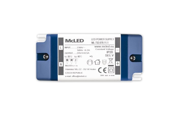 MCLED Napaječ LED 24V/0,5A ML-732.070.11.1 IP20, plastové provedení se svorkovnicí
