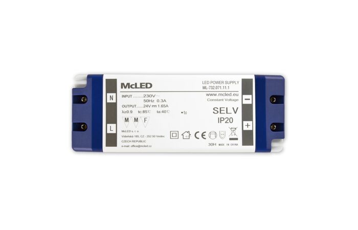 MCLED Napaječ LED 24V/1,65A ML-732.071.11.1 IP20, plastové provedení se svorkovnicí