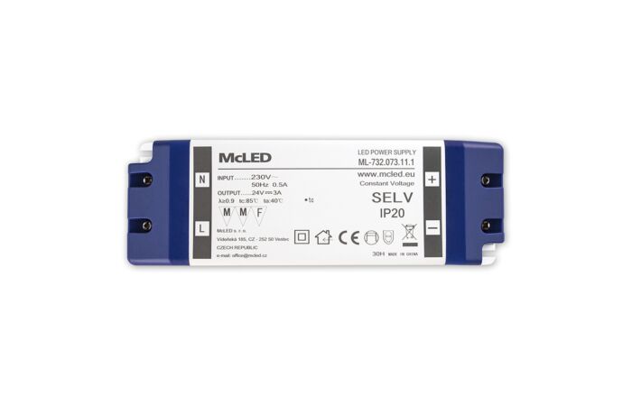 MCLED Napaječ LED 24V/3A ML-732.073.11.1 IP20, plastové provedení se svorkovnicí
