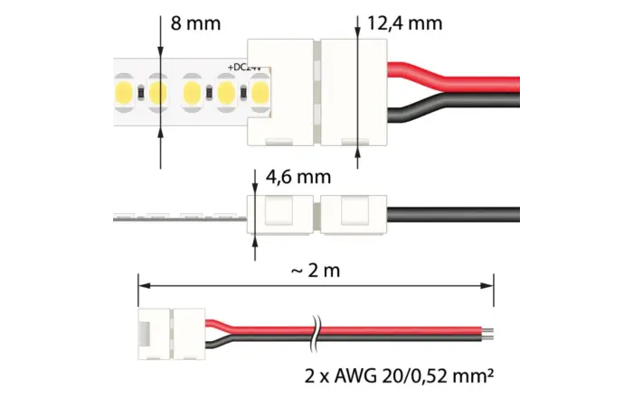 MCLED Konektor ML-112.004.21.3 připojovací, jednobarevných LED pásků šíře 8 mm, 2 piny, délka 2m, 20AWG, pro 120x3528