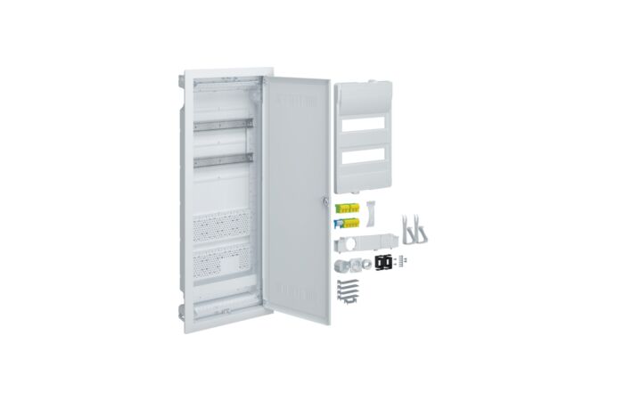 HAGER Skříň VOLTA VU602WWH, 24TE, s 2 montážními panely, zapuštěná, hybrid, plastová perforovaná dvířka, IP30