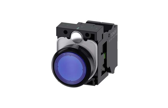 SIEMENS Tlačítko, osvětlené, 22 mm, kulaté, plast, modrá, 1 NO, AC/DC 24V