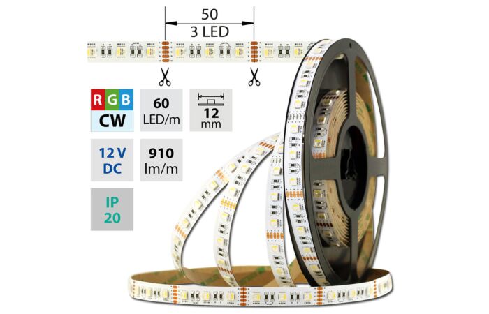 MCLED Pásek LED SMD5050 RGB + CW, 60LED/m, 19,2W/m, 910lm/m, IP20, DC 12V, 12mm, 5m