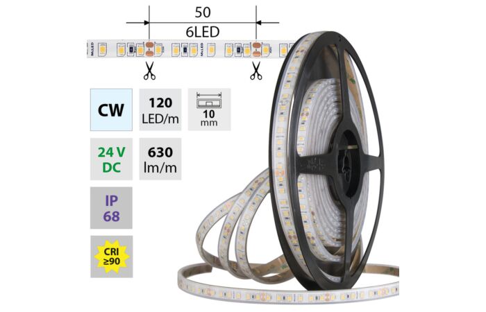 MCLED Pásek LED SMD2835 CW, 120LED/m, 9,6W/m, DC 24V, 630lm/m, CRI90, IP68, 10mm, 5m