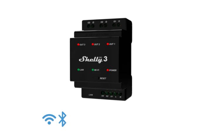 SHELLY Modul Shelly Pro 3 spínací na DIN lištu, 3 kanály, 3-fázové, 3x16A, max. zatížení 48A, WiFi, LAN, Bluetooth