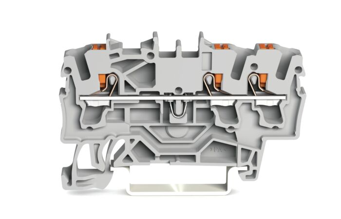 WAGO Svorka 2202-1301 3vodičová průchozí s ovládacím tlačítkem 2,5 mm², šedá