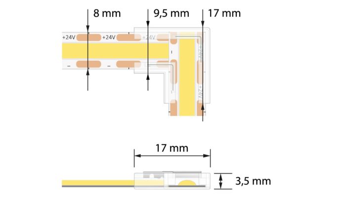 MCLED Spojka rohová dvou jednobarevných LED pásků šíře 8 mm, 2 piny, max. 5,5 A