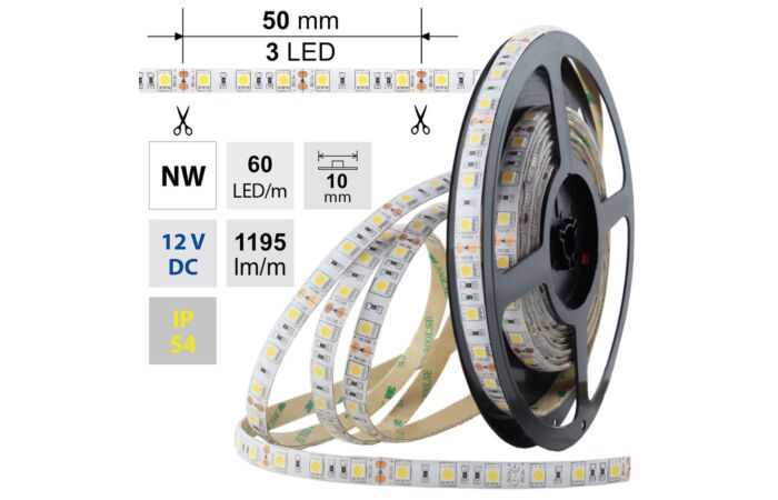 MCLED Pásek LED SMD5050 NW, 60LED/m, 14,4W/m, 1195lm/m, IP54, DC 12V, 10mm, 5m