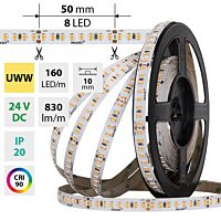 MCLED Pásek LED SMD2835 UWW, 160LED/m, 9W/m, DC 24V, 830lm/m, CRI90, IP20, 10mm, 50m