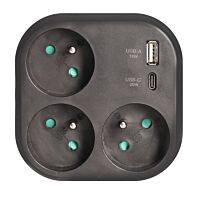 SOLIGHT Rozbočka 3x 16A, USB A+C rychlonabíječka 20W PD, černá