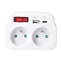 SOLIGHT Rozbočka 2 x 16A, USB A+C rychlonabíječka 20W PD, bílá, vypínač
