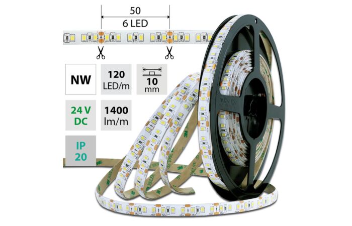 MCLED Pásek LED SMD2835 NW, 120LED/m, 14W/m, DC 24V, 1400lm/m, CRI90, IP20, 10mm, 5m