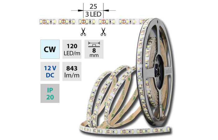 ML-121.230.60.2 LED PÁSEK SMD3528 STUDENĚ BÍLÝ, 120LED/M, IP20, DC 12V, 8MM, 50m