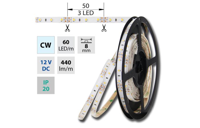 MCLED Pásek LED SMD3528 studeně bílý, 60LED/m, IP20, DC 12V, 8mm, 50m