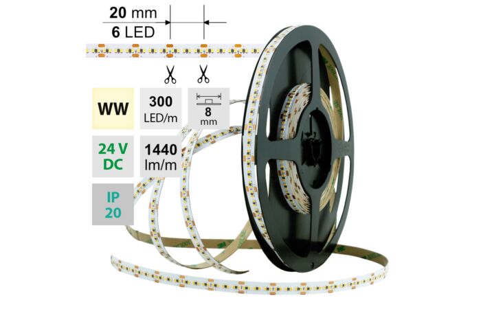 MCLED Pásek LED SMD2216 WW, 300LED/m, 18W/m, 1440lm/m, IP20, DC 24V, 8mm, 30m