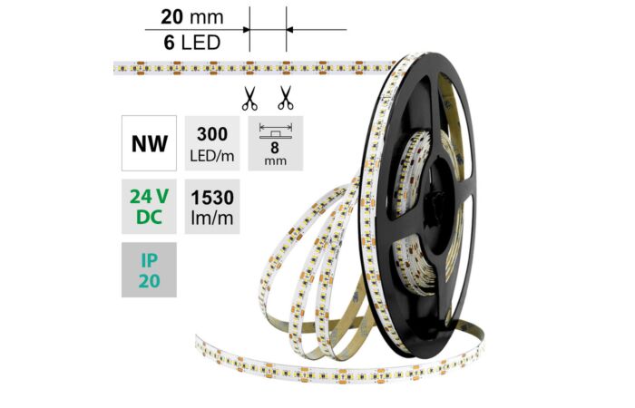 MCLED Pásek LED SMD2216 NW, 300LED/m, 18W/m, 1530lm/m, IP20, DC 24V, 8mm, 30m