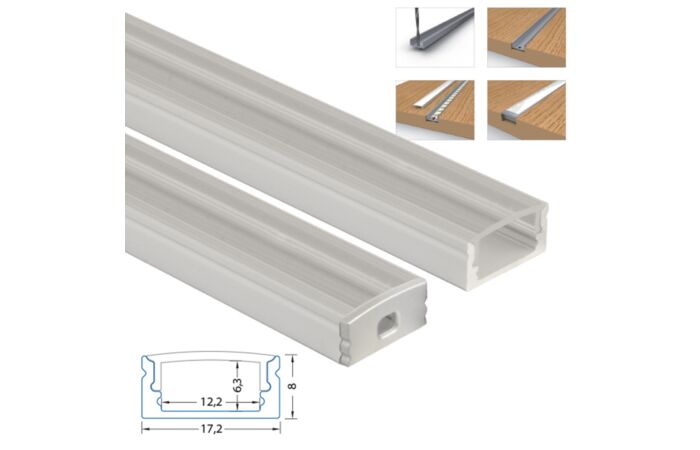 MCLED Profil AL 17x8mm, PQ přisazený, čirý difuzor, komplet, 3m