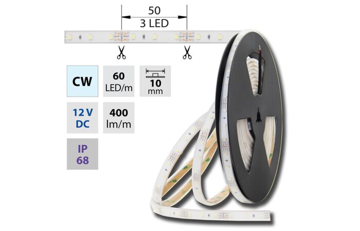 MCLED Pásek LED SMD3528 studenĂ„â€ş bÄ‚Â­lÄ‚Ëť, 60LED/m, IP68, DC 12V, 10mm, 5m