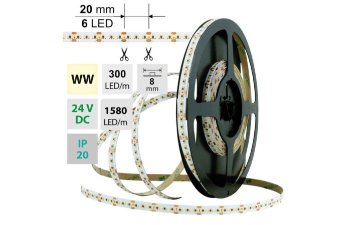 MCLED Pásek LED SMD2216 WW, 300LED/m, 18W/m, 1440lm/m, IP20, DC 24V, 8mm, 30m