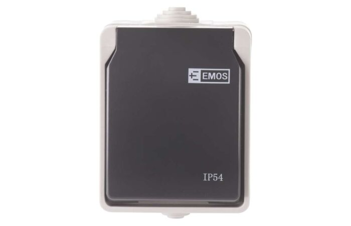 EMOS Zásuvka nástěnná 1xkulatá 250V/16A s ochraným víčkem černo-šedá IP54