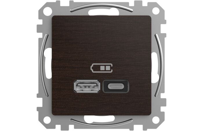 SCHNEIDER Z&aacute;suvka Sedna D/E - Dvojit&aacute; USB A+C nab&iacute;ječka 3A 45W, Wenge