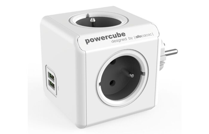 ALLOCACOC Rozbočka PowerCube Original 4 zásuvky 250V/16A + 2 USB porty šedá