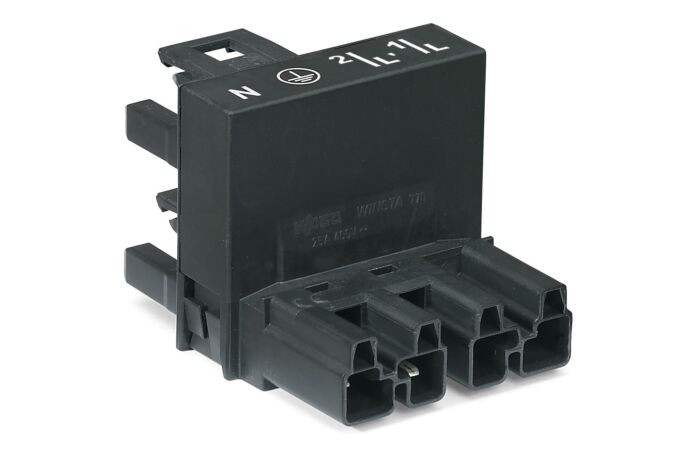 WAGO Rozdělovač-h 770-944 4pól, kód A, 1 vstup 2 výstupy, vývody na jedné straně, 2 blokovací západky, černá