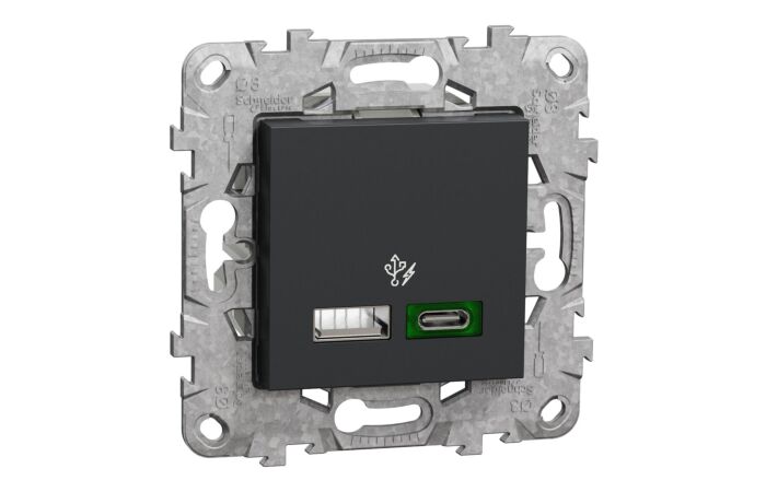 SCHNEIDER Z&aacute;suvka Unica Dvojit&eacute; rychlonab&iacute;jec&iacute; USB A+C (45W), Antracit