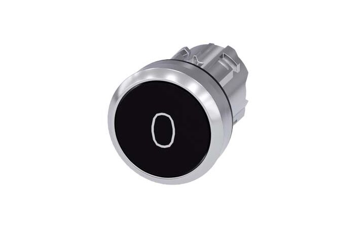 SIEMENS Tlačítko, 22 mm, kulaté, kov, s vysokým leskem, černá barva, popisek O, knoflík stiskací