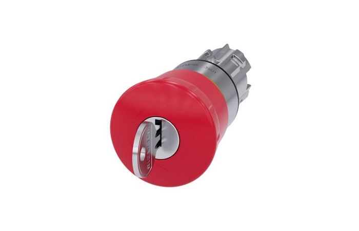SIEMENS Tlačítko hřibové nouzového zastavení, 22 mm, kulaté, kov, s vysokým leskem, červená, se zámkem RONIS