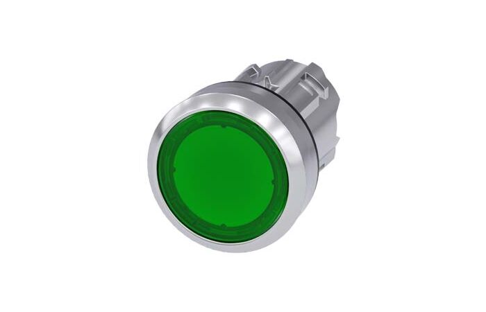 SIEMENS Tlačítko, osvětlené, 22 mm, kulaté, kov, s vysokým leskem, zelené, knoflík stiskací