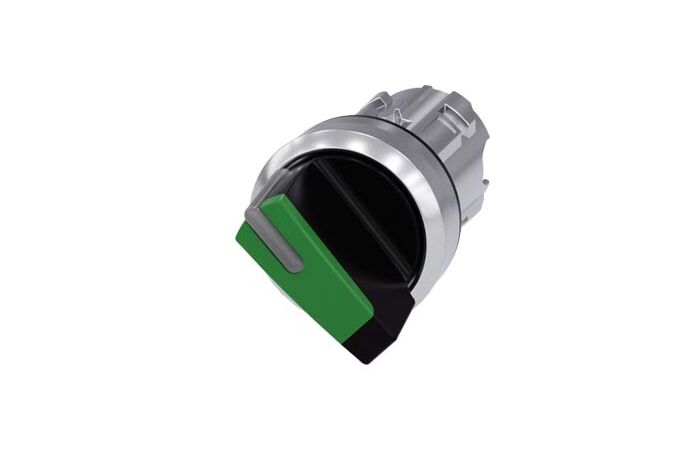 SIEMENS Spínač otočný, s osvětlením, 22 mm, kulatý, kov, s vysokým leskem, zelená barva