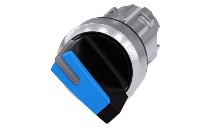 SIEMENS Spínač otočný s osvětlením, 22 mm, kulatý, kov, s vysokým leskem, modrá barva, krátká páčka