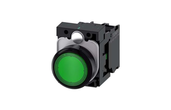 SIEMENS Tlačítko, osvětlené, 22 mm, kulaté, plast, zelená, 1 NO, AC/DC 24V