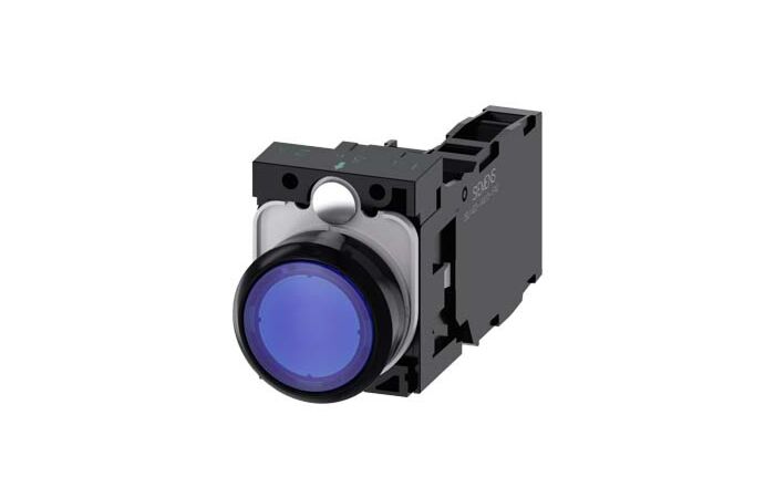 SIEMENS Tlačítko, osvětlené, 22 mm, kulaté, plast, modrá, 1 NO + 1 NC, AC/DC 24V