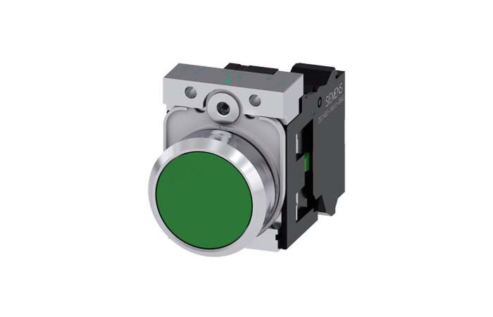 SIEMENS Tlačítko, 22 mm, kulaté, kov, s vysokým leskem, zelená, knoflík stiskací, 1 NO