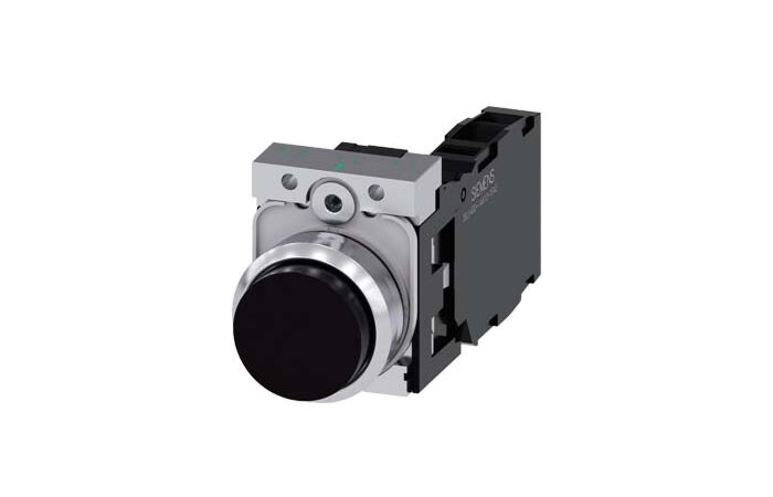 SIEMENS Tlačítko, 22 mm, kulaté, kov, s vysokým leskem, černá barva, knoflík stiskací, 1 NO + 1 NC