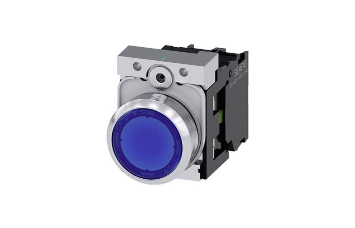 SIEMENS Tlačítko, osvětlené, 22 mm, kulaté, kov, s vysokým leskem, modrá, knoflík stiskací, 1 NO