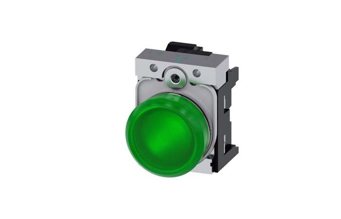 SIEMENS Signálka 22 mm, kulatá, kov, s vysokým leskem, zelená, čočka, hladká, AC/DC 24V