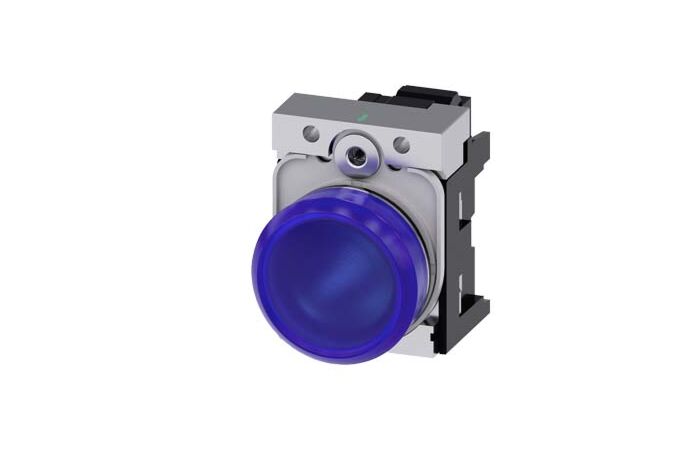 SIEMENS Signálka 22 mm, kulatá, kov, s vysokým leskem, modrá, čočka, hladká, AC/DC 24V