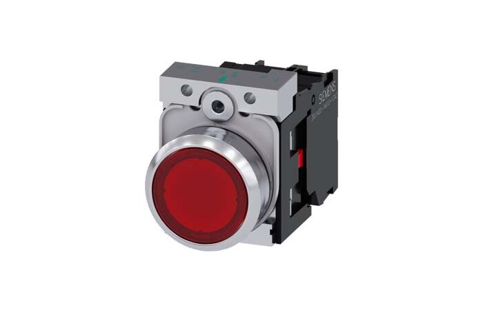 SIEMENS Tlačítko, osvětlené, 22 mm, kulaté, kov, s vysokým leskem, červená, knoflík stiskací, 1 NC