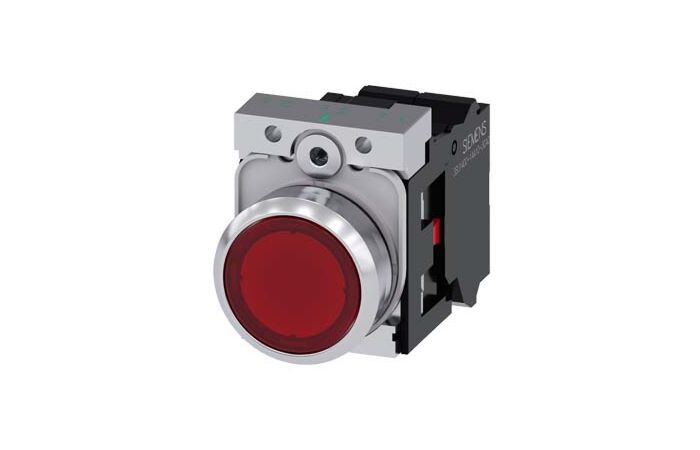 SIEMENS Tlačítko, osvětlené, 22 mm, kulaté, kov, s vysokým leskem, červená, knoflík stiskací, 1 NC