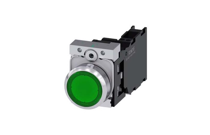 SIEMENS Tlačítko, osvětlené, 22 mm, kulaté, kov, s vysokým leskem, zelená, knoflík stiskací, 1 NO + 1 NC