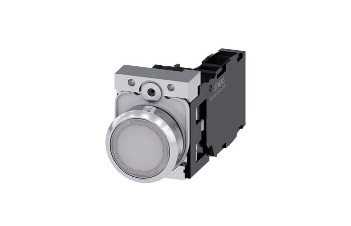 SIEMENS Tlačítko, osvětlené, 22 mm, kulaté, kov, s vysokým leskem, bílá, knoflík stiskací, 1 NO + 1 NC