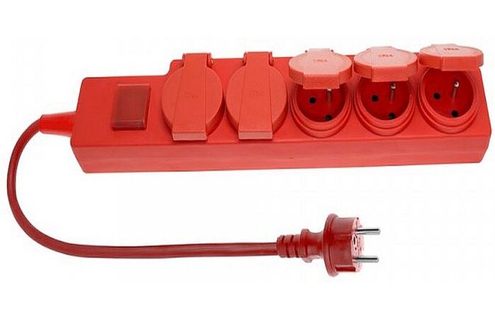 ELGOTECH Přívod prodlužovací   3m 5zásuvka 250V/16A pryž krytky s vypínačem přepěťová ochrana IP44 červená