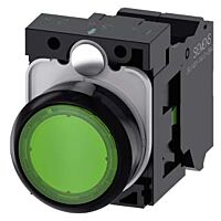 SIEMENS Tlačítko, osvětlené, 22 mm, kulaté, plast, zelená, 1 NO, AC/DC 24V