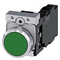 SIEMENS Tlačítko, 22 mm, kulaté, kov, s vysokým leskem, zelená, knoflík stiskací, 1 NO + 1 NC
