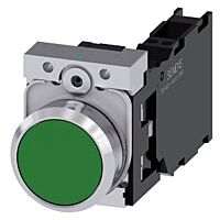 SIEMENS Tlačítko, 22 mm, kulaté, kov, s vysokým leskem, zelená, knoflík stiskací, 1 NO + 1 NC