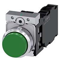 SIEMENS Tlačítko, 22 mm, kulaté, kov, s vysokým leskem, zelená, knoflík stiskací, 1 NO + 1 NC